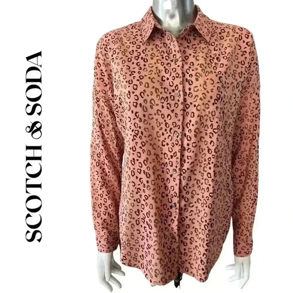 Scotch & Soda Button Down Long Sleeve Shirt Leopard Print Black Small - Picture 1 of 9